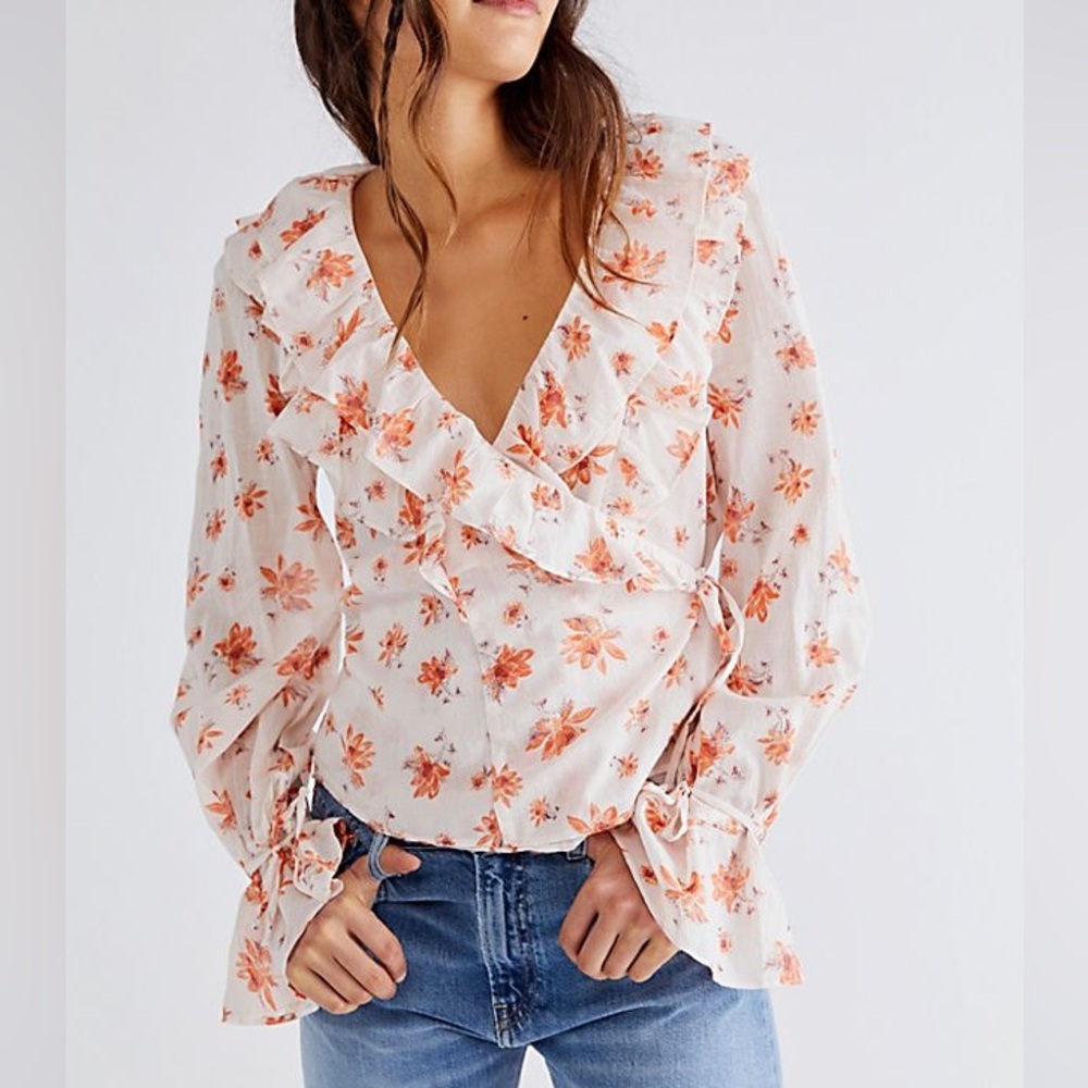 Free People Amanda Ruffle Ivory Combo Floral Wrap-Front Top M